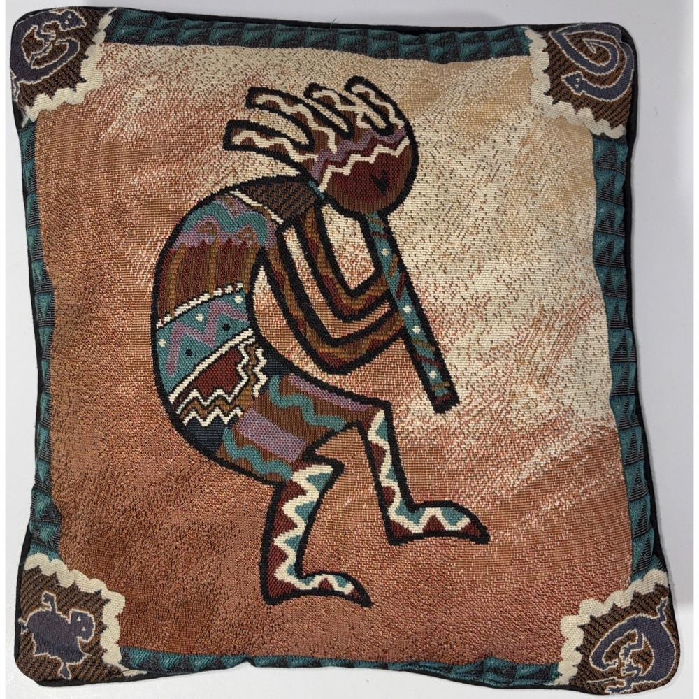 Vintage Southwest Woven Tapestry Kokopelli Throw Pillow 16" Square
